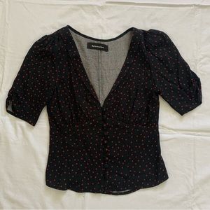 Reformation Black and Red Polka Dot Puff Sleeve V-Neck Button-Up Blouse Size XS